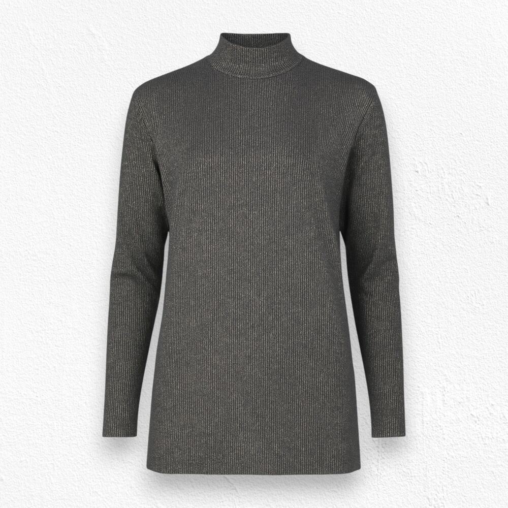 Vintage 80s Chaus Metallic Gray Gold Mock Neck Ribbed Sweater Blouse Size Medium